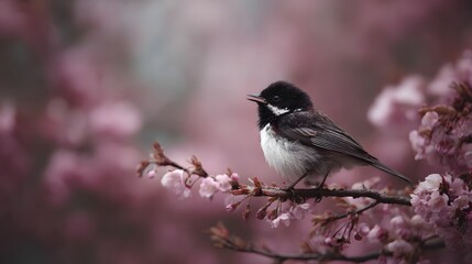 Fototapeta premium Songbird perched on blossoming branch in spring
