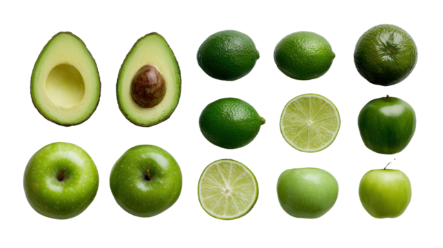 Various green fruits including avocados, limes, and green apples arranged on a white background.