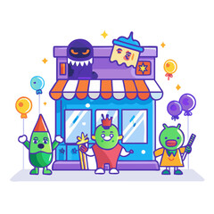 Naklejka premium Cartoon monsters celebrating in front of a candy store isolated on white background