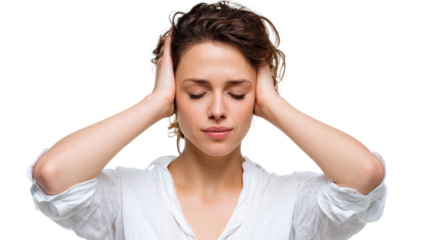 Woman experiencing stress with hands on head, isolated on white background.
