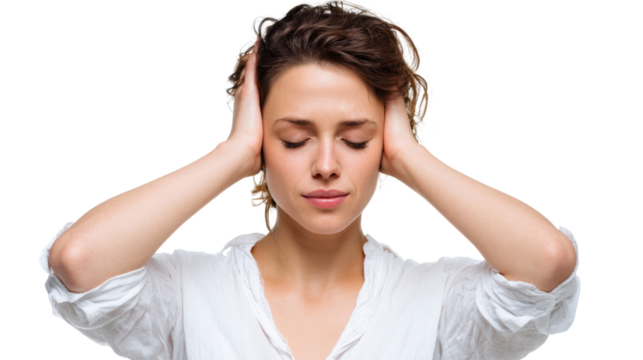 Woman experiencing stress with hands on head, isolated on white background.