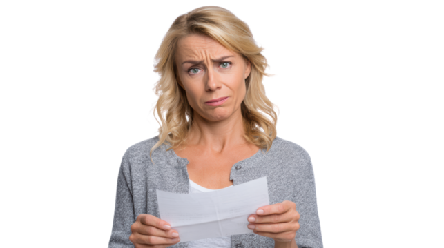 Woman holding a letter with a confused expression, isolated on white.