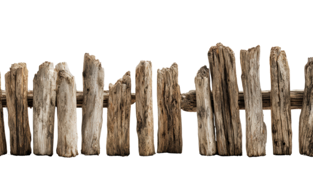 Wooden fence made from natural logs isolated on a white background.