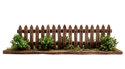 Wooden fence with greenery, isolated on white background