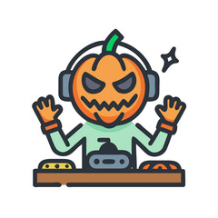 Pumpkinheaded dj mixing music for a halloween party isolated on white background