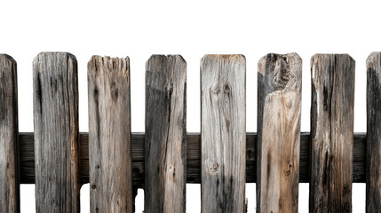Wooden fence with weathered planks, isolated on white background.