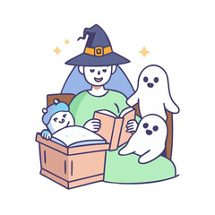 Naklejka premium A witch reading a bedtime story to a child and two ghosts isolated on white background