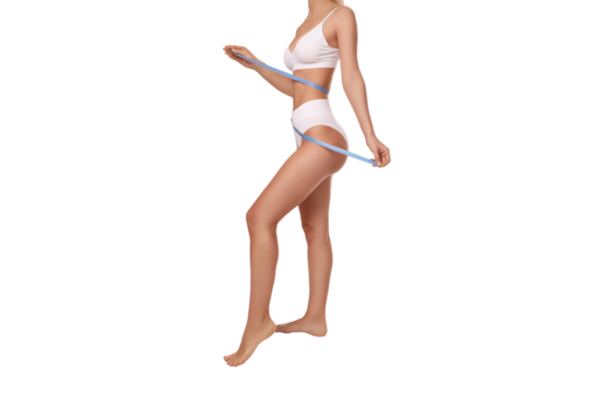 Woman standing and measuring waist size with tape, isolated on white, PNG