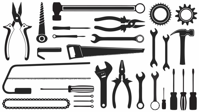A collection of various hand tools including wrenches pliers saws screwdrivers and hammers in black silhouette | editable eps vectors