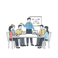 Business Team Meeting Manager Leading Discussion with Chart Presentation and Laptop Use