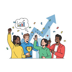 Diverse Team Celebrating Success with Trophy Growth Chart and Upward Arrow Illustration