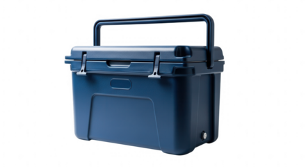 Dark blue cooler box with handle isolated on transparent background
