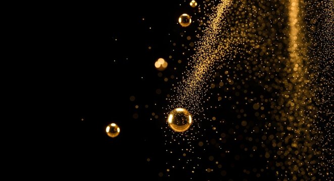 Sparkling gold bubbles and particles cascade in elegant motion against a dark backdrop