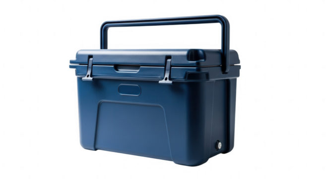 Dark blue cooler box with handle isolated on transparent background