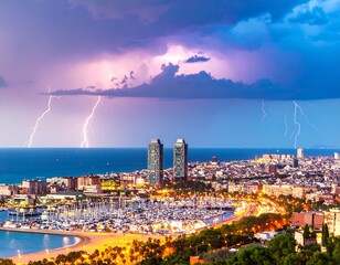 Obraz premium City skyline illuminated by storm