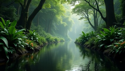 Tranquil River Flowing Through Lush Green Jungle Reflective Water Mirroring Thick Canopy Dappled Sunlight