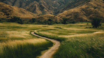 Winding path through a golden and green meadow, leading to a distant mountain range.