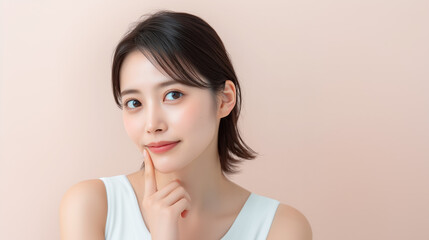 口元に指を当てるアジア人女性