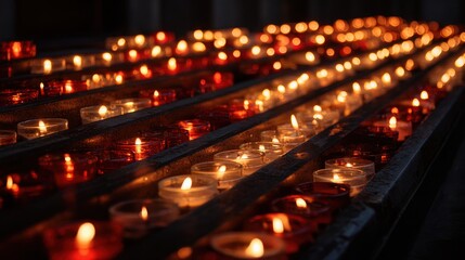 Obraz premium Rows of Lit Candles in a Church Sanctuary