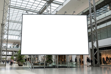 Vast Blank Billboard Awaits Advertising in a Modern, Sunlit Shopping Mall Atrium