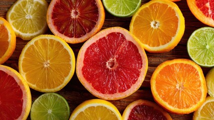 Fototapeta premium Freshly cut citrus fruit slices in various colors are beautifully arranged on a wooden table. The vibrant display includes lemons, oranges, limes, and grapefruits, showcasing their juicy textures.