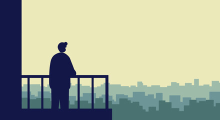 Silhouette of Person Standing on Balcony Overlooking City.