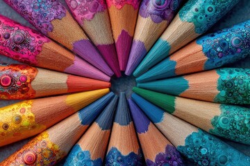 Colorful pencils arranged in a circle, showcasing vibrant hues and detailed textures