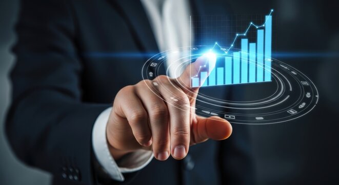 Businessman's Finger Interacting with Futuristic Glowing Blue Financial Data Graph and Circular Interface