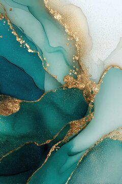 Elegant abstract teal and gold swirl pattern, perfect for luxury fashion textiles, high-end wallpaper designs, and sophisticated wedding stationery.

