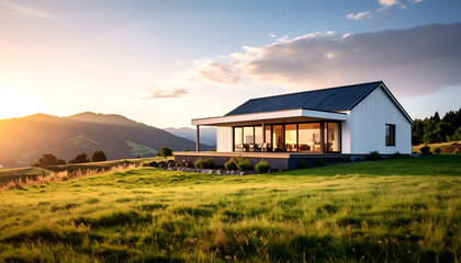 Modern house with sunset, and mountain view.