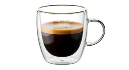 Savor the rich aroma and robust flavor of a freshly brewed espresso, perfectly presented in a sleek, modern double-walled glass mug for ultimate enjoyment.