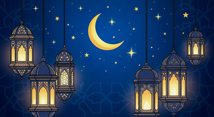 Obraz premium Illustration ornate lanterns glow under a crescent moon and stars