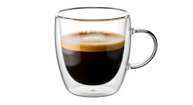 Savor the rich aroma and robust flavor of a freshly brewed espresso, perfectly presented in a sleek, modern double-walled glass mug for ultimate enjoyment.