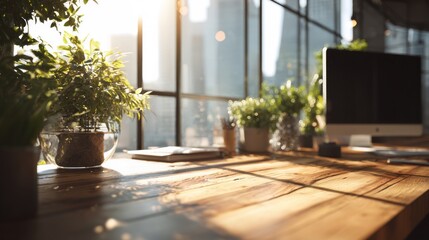 Sunlit Workspace: Modern Office with Plants and City View