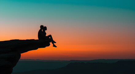 Couple silhouetted on cliff edge at sunset