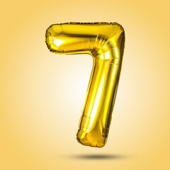 Golden number seven balloon isolated on a gold background. Ideal for anniversaries, birthdays, and special events. Use for invitations, posters, and creative mockups.