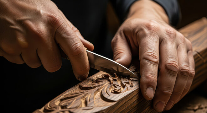 Close up of hands carving intricate patterns into wood