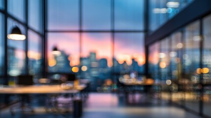 Obraz premium Blurred Cityscape Sunset View from Modern Office