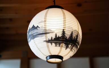 A traditional white paper lantern with a black and white mountain and forest scene painted on it hangs from a wooden ceiling. High quality