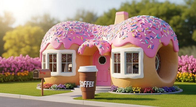 Whimsical donut shaped house with pink icing and sprinkles