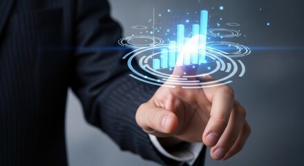 Obraz premium Businessman's Finger Interacting with Futuristic Blue Digital Financial Data Visualization