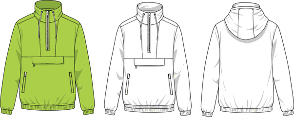 CAD drawing flat vector illustration, pullover windbreaker jacket with zipper, technical fashion sketch, front and back hoodie view, apparel design template © Nur Creations