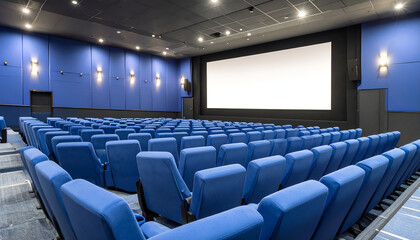Empty movie theater with blue seats.