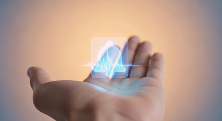 Open hand displaying a futuristic blue digital data interface hologram