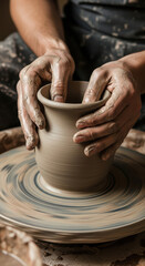 Closeup of a potters hands shaping clay on a spinning wheel