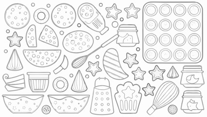 Outlined baking themed elements including cupcake liners and baking tools in a monochrome style art silhouette