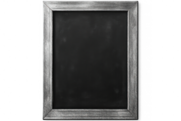 Close-up of an empty, black chalkboard with a distressed wooden frame, isolated on a transparent background, ready for custom text or graphics