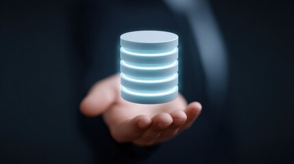 A person holds a futuristic data server in his palm, symbolizing modern data storage. Representing the essence of connectivity and the digital age.