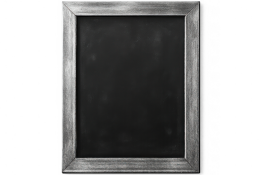 Close-up of an empty, black chalkboard with a distressed wooden frame, isolated on a transparent background, ready for custom text or graphics