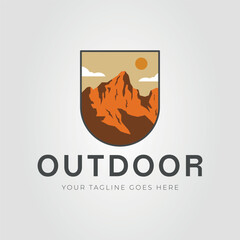 Zion national park adventure logo capturing mountain, sun, clouds, outdoor spirit. Suitable for outdoor brands, travel agencies, adventure companies.
